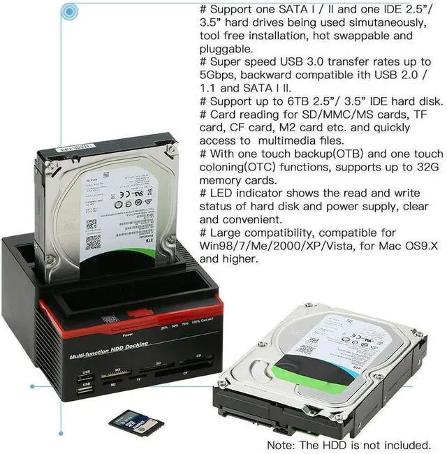 Alt view image 5 of 7 - WAGA Hard Drive Docking Station,Hard Disk Drive HDD Docking Station for 2.5 3.5 inch IDE SSD SATAI/II (1.5G/3.0G),USB 2.0 to SATA IDE Dual Slots HDD Reader with Card Reader 2 Port USB 2.0 Hub