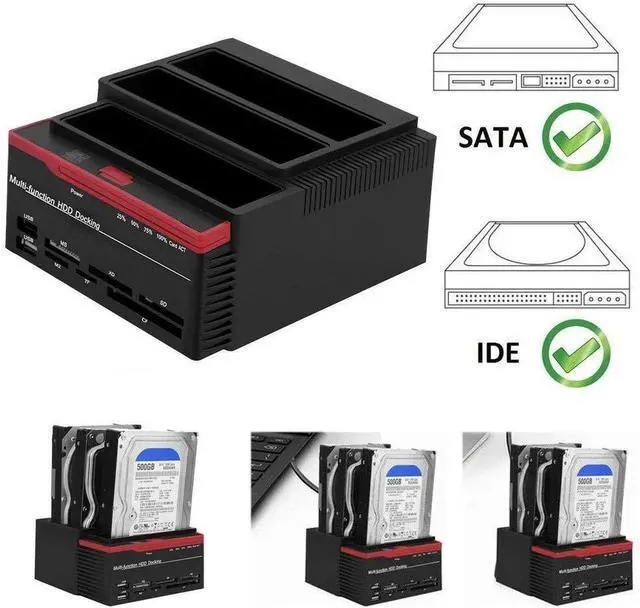 Alt view image 4 of 7 - WAGA Hard Drive Docking Station,Hard Disk Drive HDD Docking Station for 2.5 3.5 inch IDE SSD SATAI/II (1.5G/3.0G),USB 2.0 to SATA IDE Dual Slots HDD Reader with Card Reader 2 Port USB 2.0 Hub