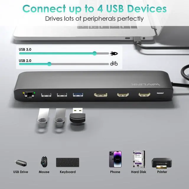 Alt view image 5 of 7 - WAVLINK USB C Triple Display Docking Station, Support 85W Charging for PC, Max 4K@60Hz with DisplayPort, 2 x HDMI, PD, USB 2.0/3.0, Gigabit Ethernet, SD/TF Slot, Audio Jack for Windows&Mac