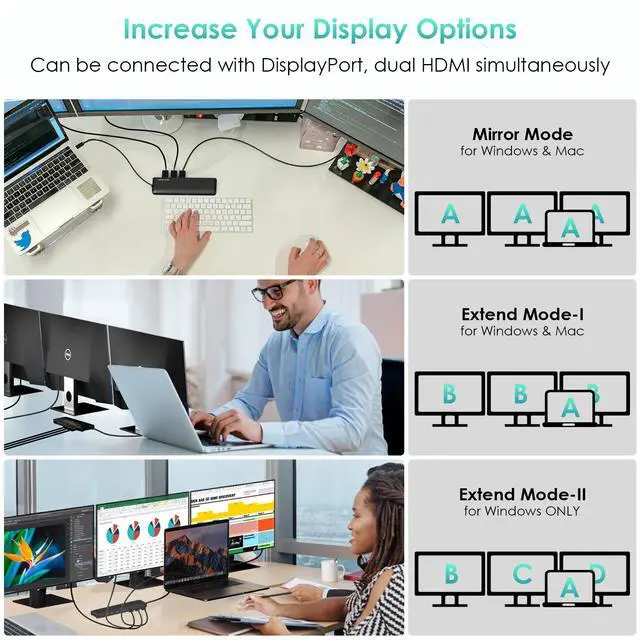Alt view image 3 of 7 - WAVLINK USB C Triple Display Docking Station, Support 85W Charging for PC, Max 4K@60Hz with DisplayPort, 2 x HDMI, PD, USB 2.0/3.0, Gigabit Ethernet, SD/TF Slot, Audio Jack for Windows&Mac