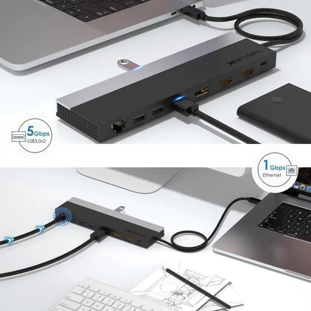 Alt view image 5 of 7 - Wavlink USB-C Triple Display Docking Station Support 85W Charging for PC, Max 4K@60Hz with DisplayPort, 2xHDMI, PD, 2xUSB 3.0, 2x2.0, Gigabit Ethernet, SD/TF Slot, Audio Jack For Windows&Mac etc