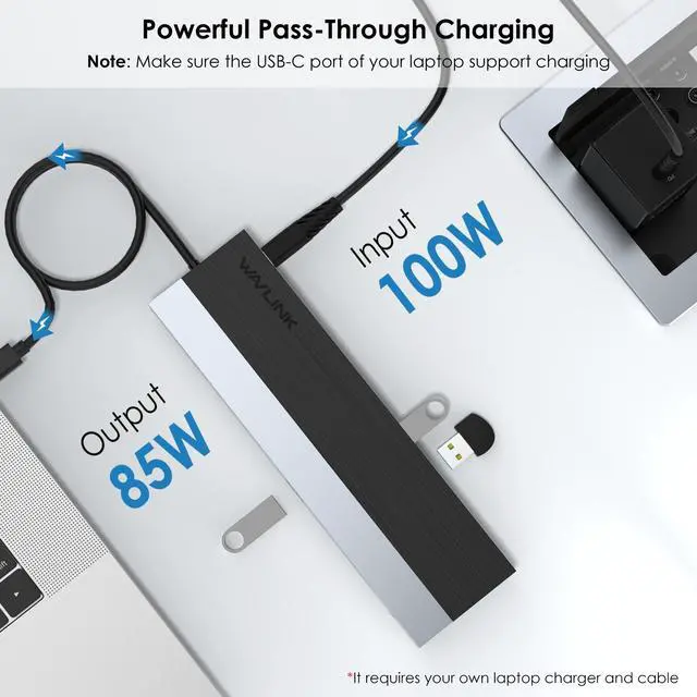 Alt view image 3 of 7 - Wavlink USB-C Triple Display Docking Station Support 85W Charging for PC, Max 4K@60Hz with DisplayPort, 2xHDMI, PD, 2xUSB 3.0, 2x2.0, Gigabit Ethernet, SD/TF Slot, Audio Jack For Windows&Mac etc