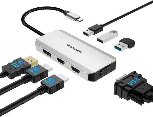 Main image of WAVLINK USB C Laptop Docking Station Quad Monitor USB C Hub, Multiport Adapter with Dual 4K HDMI, 4K DP, VGA, 3xUSB2.0, For Dell/HP/Lenovo/Thinkpad, Compatible with Mac/Windows/Chrome OS/Linux/Android