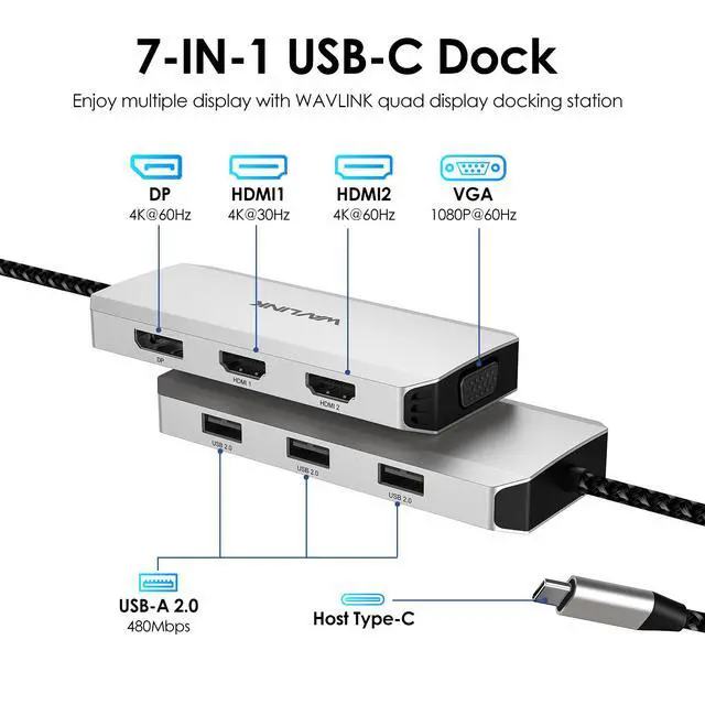 Alt view image 2 of 7 - WAVLINK USB C Laptop Docking Station Quad Monitor USB C Hub, Multiport Adapter with Dual 4K HDMI, 4K DP, VGA, 3xUSB2.0, For Dell/HP/Lenovo/Thinkpad, Compatible with Mac/Windows/Chrome OS/Linux/Android