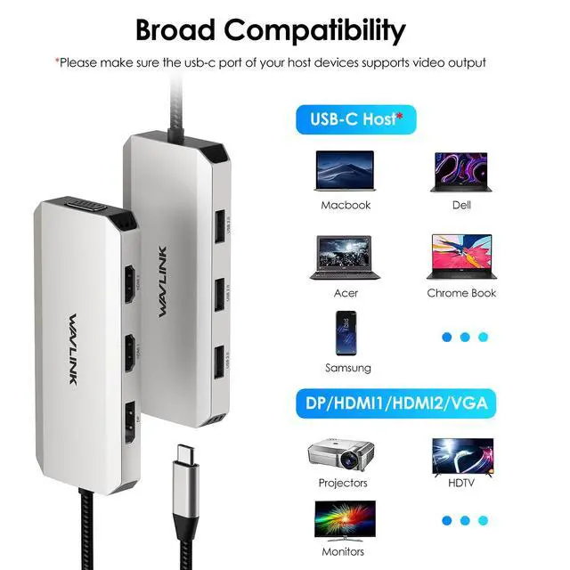 Alt view image 7 of 7 - WAVLINK USB C Laptop Docking Station Quad Monitor USB C Hub, Multiport Adapter with Dual 4K HDMI, 4K DP, VGA, 3xUSB2.0, For Dell/HP/Lenovo/Thinkpad, Compatible with Mac/Windows/Chrome OS/Linux/Android