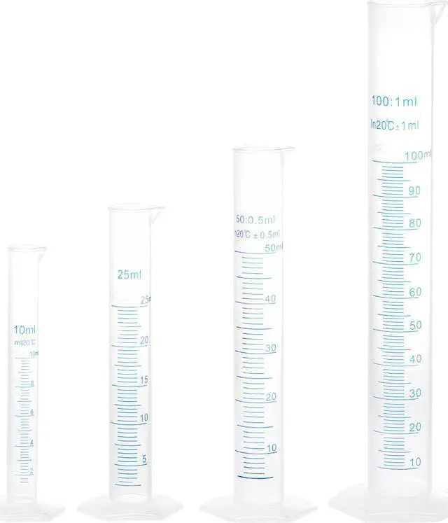 Main image of Plastic Graduated Cylinder, 10ml 25ml 50ml 100ml Measuring Cylinder, Double-Sided Metric Marking, Clear Hex Base, 4 in 1 Set