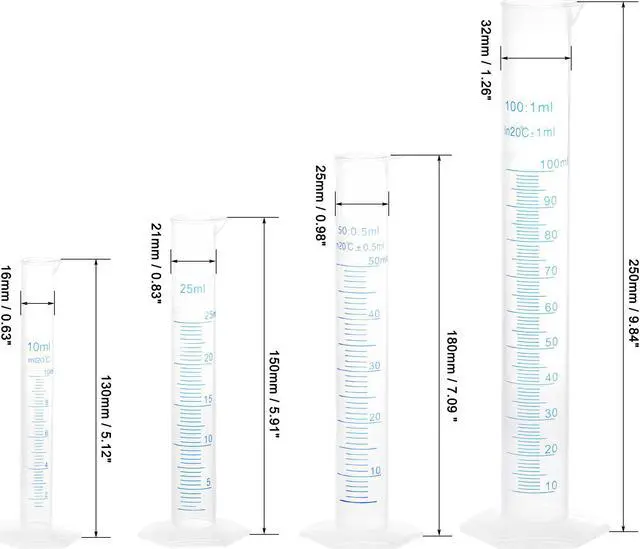 Alt view image 2 of 3 - Plastic Graduated Cylinder, 10ml 25ml 50ml 100ml Measuring Cylinder, Double-Sided Metric Marking, Clear Hex Base, 4 in 1 Set