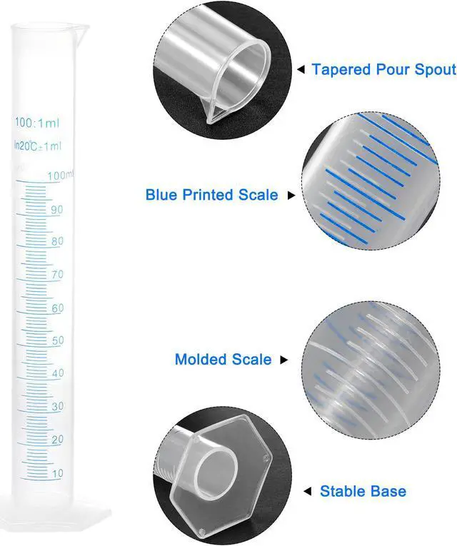 Alt view image 3 of 3 - Plastic Graduated Cylinder, 10ml 25ml 50ml 100ml Measuring Cylinder, Double-Sided Metric Marking, Clear Hex Base, 4 in 1 Set