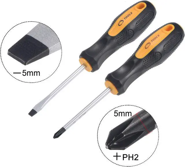 Alt view image 3 of 5 - #2 Phillips / 5mm Slotted Magnetic Screwdriver Set, 3" S2 Steel Round Shaft Non-Slip Black+Yellow Handle