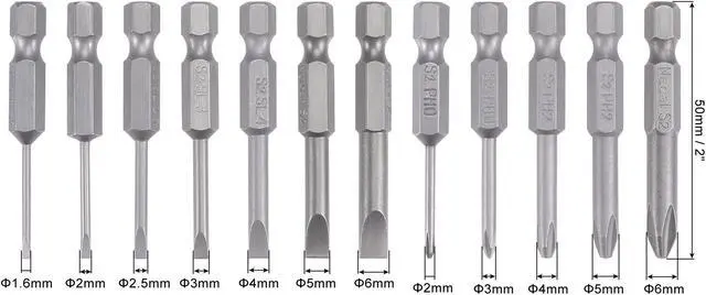 Alt view image 2 of 5 - 12 Pcs Screwdriver Bit Set, 1/4" Hex Shank Magnetic Phillips Slotted Drill Bits, 2" Long S2 Steel