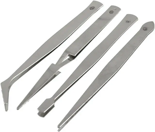 Main image of Unique Bargains Silver Tone Metal 4 in 1 Repairing Tool Cross Locking Curved Flat Tweezers