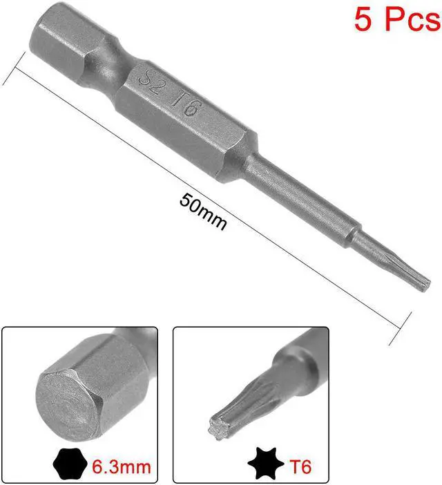 Alt view image 2 of 4 - 5pcs 50mm Long 1/4" Hex Shank T6 Magnetic Torx Head Screwdriver Bits S2 High Alloy Steel