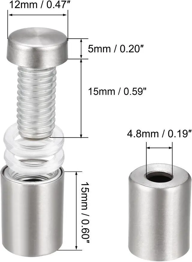Alt view image 2 of 5 - Glass Standoff Mount Stainless Steel Wall Standoff Holder Advertising Nails 12mm Dia 24mm Length 4 Pcs