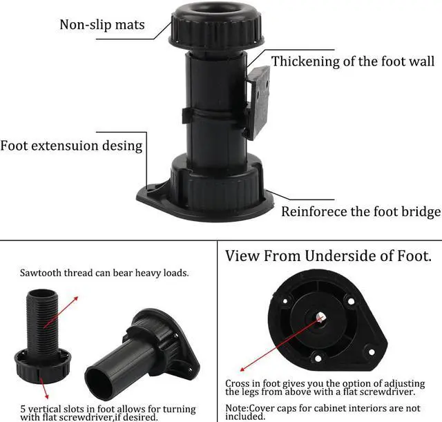 Alt view image 5 of 7 - 4pcs PP Adjustable Kitchen Cabinet Legs Feet Height(Total:100-145mm) x 43mm Dia