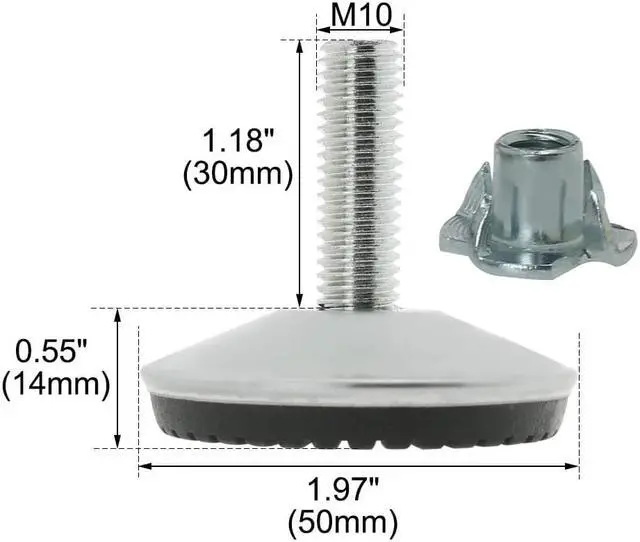 Alt view image 2 of 7 - M10 x 30 x 50mm Furniture Glide Leveling Feet Leg Floor Protector w T-nuts 4pcs