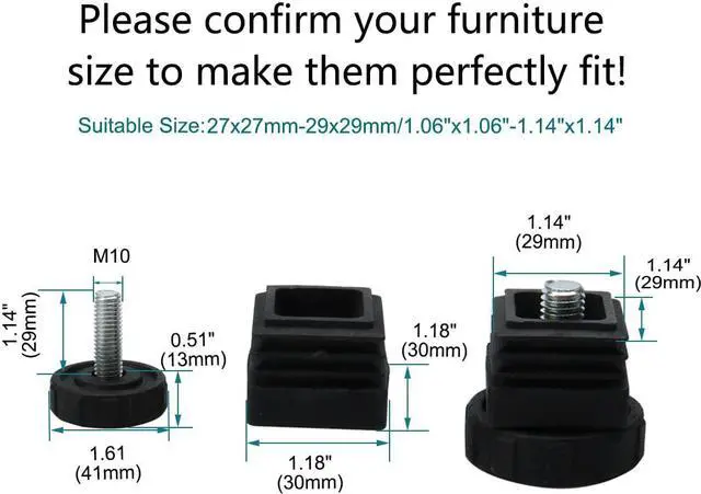 Alt view image 2 of 2 - M10 Leveling Feet 30 x 30mm Square Tube Insert Adjustable Furniture Glide 4 Sets