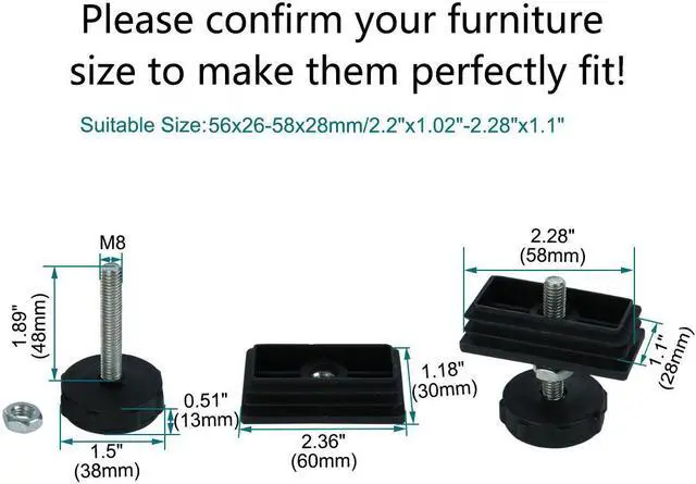 Alt view image 2 of 7 - Adjustable Leveling Feet 30 x 60mm Tube Inserts Furniture Table Glide 4 Sets