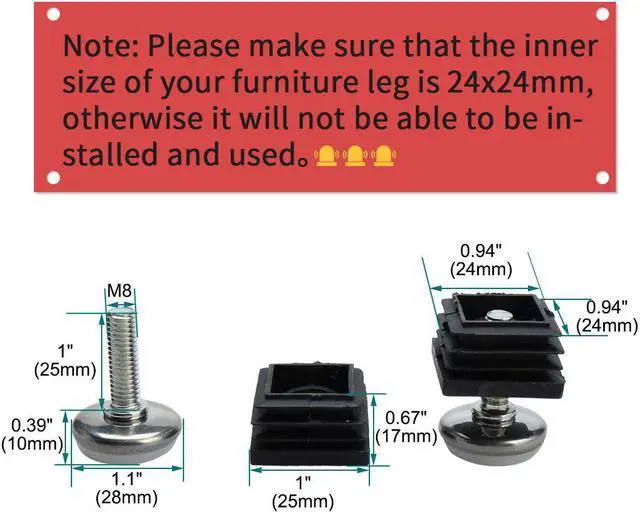 Alt view image 2 of 7 - Adjustable Leveling Feet 25 x 25mm Tube Inserts Furniture Table Glide 8 Sets