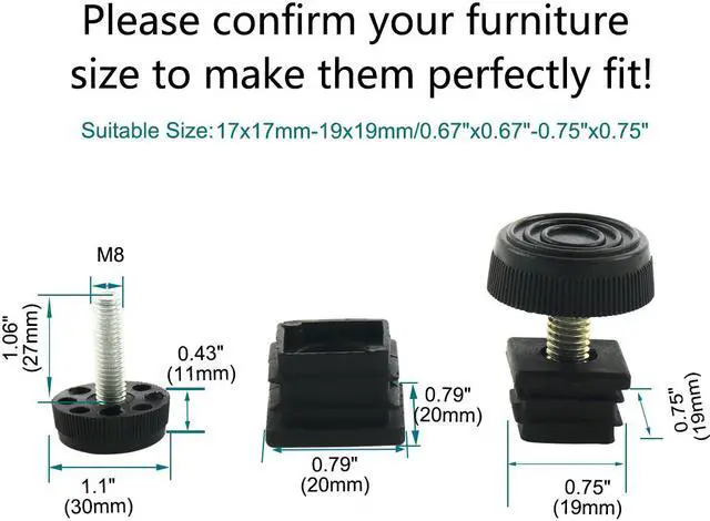 Alt view image 2 of 7 - Adjuster Leveling Feet 20 x 20mm Square Tube Insert Kit Furniture Glide 10 Sets