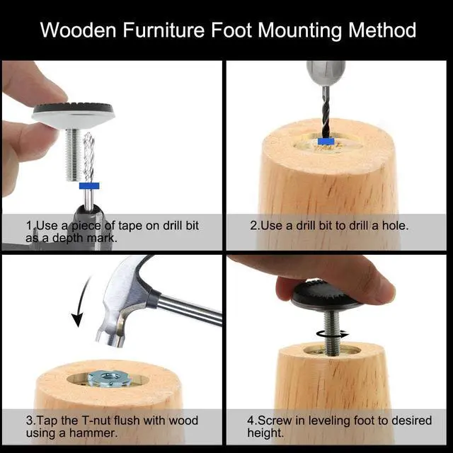 Alt view image 7 of 7 - M10 x 30 x 50mm Furniture Glide Leveling Feet Leg Floor Protector w T-nuts 4pcs