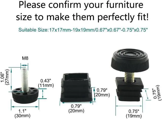Alt view image 2 of 7 - Adjustable Leveling Feet 20 x 20mm Square Tube Insert Kit Furniture Glide 4 Sets