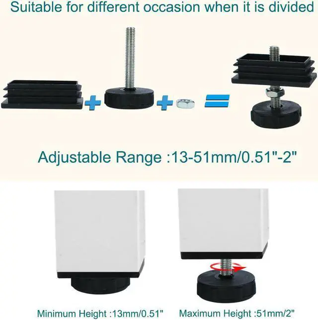 Alt view image 3 of 7 - Adjustable Leveling Feet 30 x 60mm Tube Inserts Furniture Table Glide 4 Sets