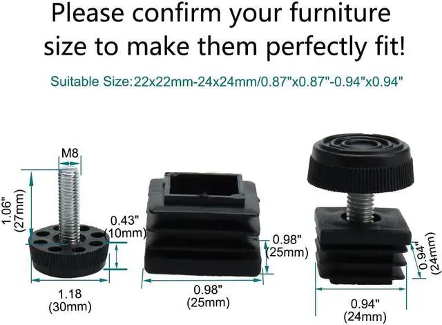 Alt view image 2 of 7 - Leveling Feet 25 x 25mm Square Tube Insert Furniture Adjustable Leveler 8 Sets