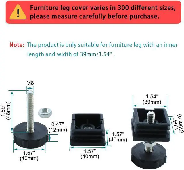 Alt view image 2 of 7 - Leveling Feet 40 x 40mm Square Tube Insert Adjustable Leveler for Table 4 Sets