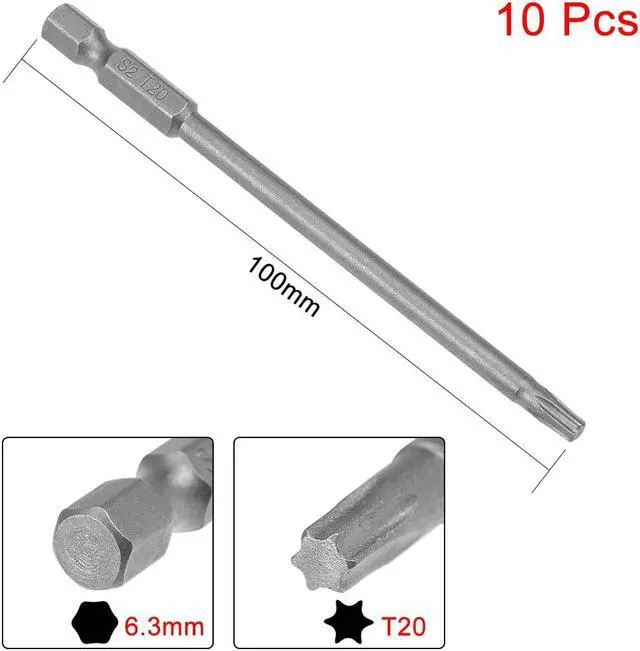 Alt view image 2 of 4 - 10pcs 100mm Long 1/4" Hex Shank T20 Magnetic Torx Head Screwdriver Bits S2 High Alloy Steel
