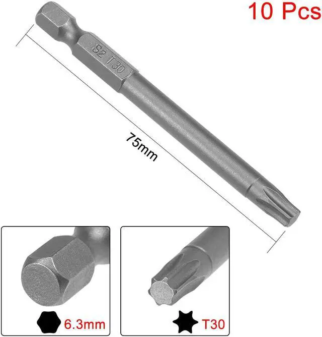 Alt view image 2 of 4 - 10pcs 75mm Long 1/4" Hex Shank T30 Magnetic Torx Head Screwdriver Bits S2 High Alloy Steel