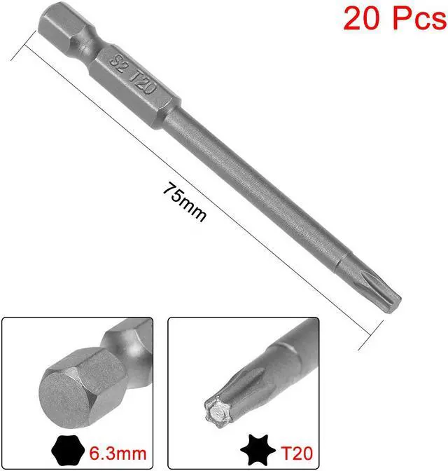Alt view image 2 of 4 - 20pcs 75mm Long 1/4" Hex Shank T20 Magnetic Torx Head Screwdriver Bits S2 High Alloy Steel