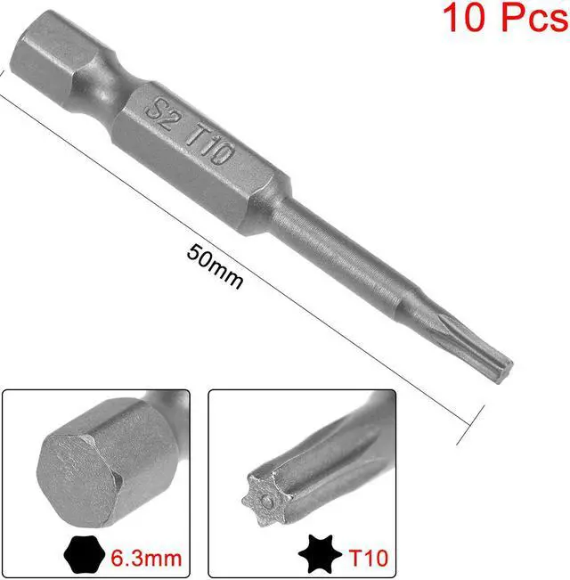 Alt view image 2 of 4 - 10pcs 50mm Long 1/4" Hex Shank T10 Magnetic Torx Head Screwdriver Bits S2 High Alloy Steel