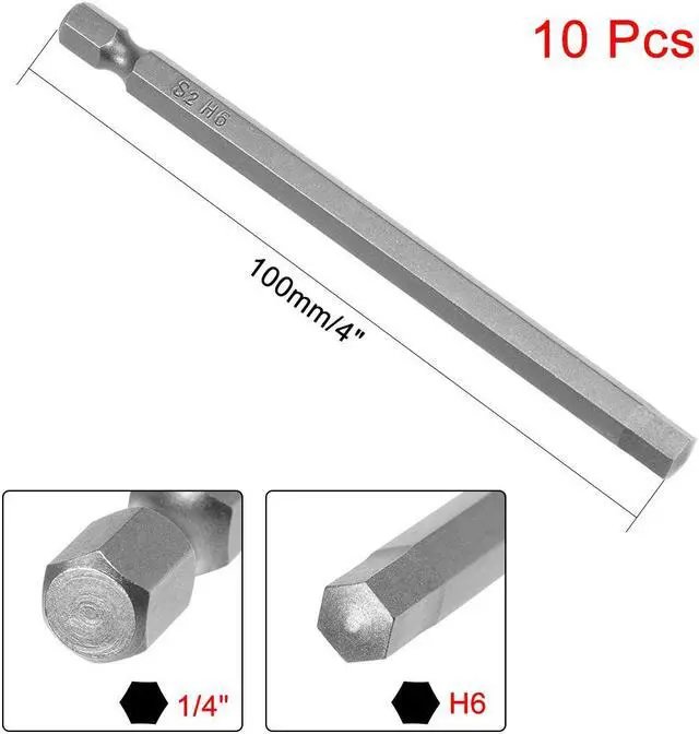 Alt view image 2 of 4 - 10Pcs 1/4" Hex Shank 100mm Length Magnetic Hex Head H6 Screwdriver Bits S2 Alloy Steel