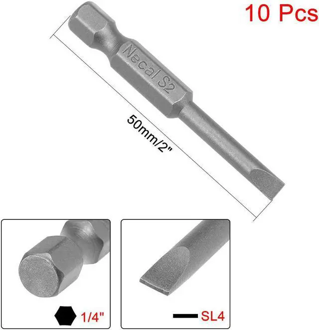 Alt view image 2 of 4 - 10Pcs 1/4" Hex Shank 50mm Length Magnetic SL4 Slot Head Screwdriver Bits S2 Alloy Steel