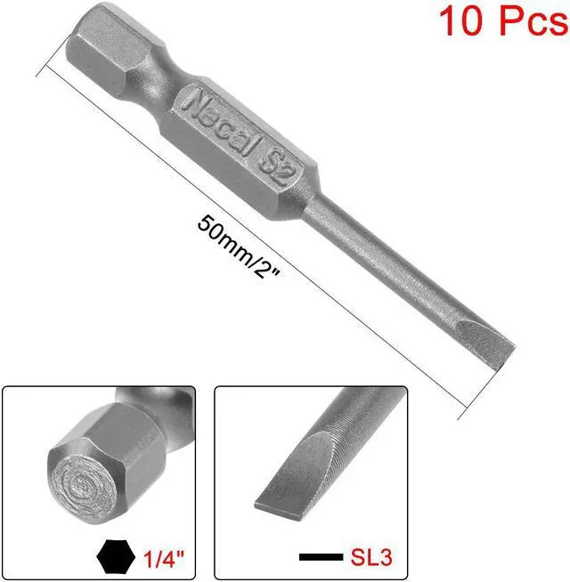Alt view image 2 of 4 - 10Pcs 1/4" Hex Shank 50mm Length Magnetic SL3 Slot Head Screwdriver Bits S2 Alloy Steel