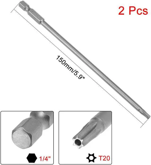 Alt view image 2 of 4 - 2Pcs 1/4" Hex Shank 150mm Length Magnetic Torx Security Head T20 Screwdriver Bits S2 Alloy Steel