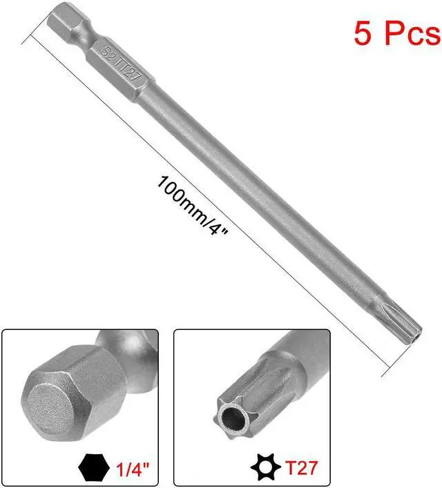 Alt view image 2 of 4 - 5Pcs 1/4" Hex Shank 100mm Length Magnetic Torx Security Head T27 Screwdriver Bits S2 Alloy Steel