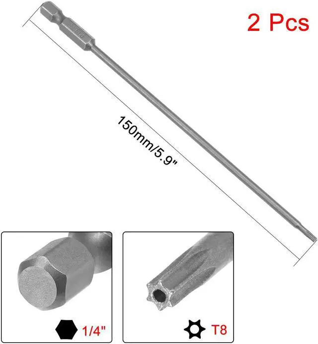 Alt view image 2 of 4 - 2Pcs 1/4" Hex Shank 150mm Length Magnetic Torx Security Head T8 Screwdriver Bits S2 Alloy Steel