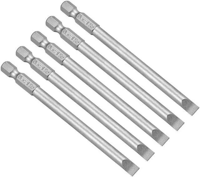 Main image of 5Pcs 1/4" Hex Shank 100mm Length Magnetic SL6 Slot Head Screwdriver Bits S2 Alloy Steel