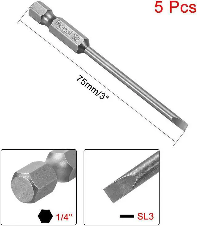 Alt view image 2 of 4 - 5 Pcs 1/4" Hex Shank 75mm Length Magnetic SL3 Slot Head Screwdriver Bits S2 Alloy Steel