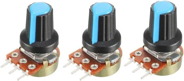 Main image of 3Pcs 5K Ohm Variable Resistors Single Turn Rotary Carbon Film Taper Potentiometer with Knobs