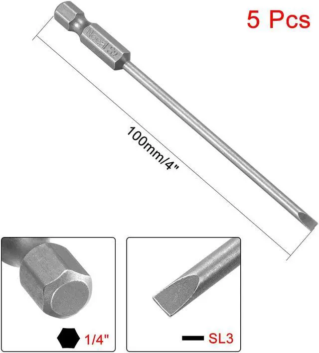 Alt view image 2 of 4 - 5Pcs 1/4" Hex Shank 100mm Length Magnetic SL3 Slot Head Screwdriver Bits S2 Alloy Steel