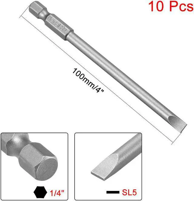 Alt view image 2 of 4 - 5Pcs 1/4" Hex Shank 100mm Length Magnetic SL5 Slot Head Screwdriver Bits S2 Alloy Steel