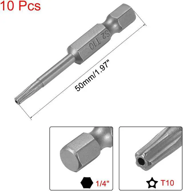Alt view image 2 of 4 - 50mm Long 1/4" Hex Shank TS10 Torx Security Star Screwdriver Bits S2 High Alloy Steel 10pcs