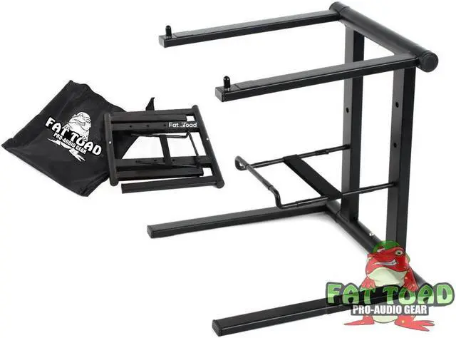 Alt view image 2 of 8 - Folding DJ Laptop Stand with Sub-tray Shelf by FAT TOAD | Pro Audio Computer Table Top Rack Stand Mount for iPads, Mixer Controller & Tablets | Portable PC Gear Clamp Holder | Stage Booth, Home Office