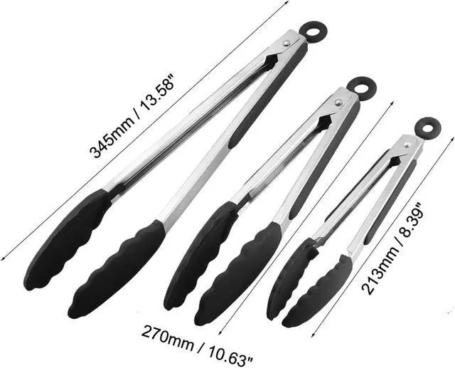 Alt view image 2 of 4 - Kitchen Tongs Stainless Steel Locking Tong Set of 3 7-inch 9-inch 12-inch with Silicone Tip for Cooking Grilling Barbecue Black