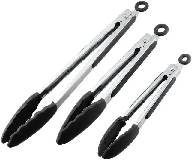 Alt view image 3 of 4 - Kitchen Tongs Stainless Steel Locking Tong Set of 3 7-inch 9-inch 12-inch with Silicone Tip for Cooking Grilling Barbecue Black