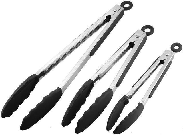 Unique-bargains Kitchen Tongs Stainless Steel Locking Tong Set of 3 7-Inch 9-Inch 12-Inch with Silicone Tip for Cooking Grilling Barbecue Black