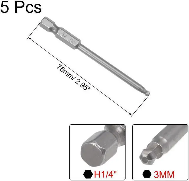 Alt view image 2 of 4 - 5Pcs Ball End Hex Bits 1/4 Inch Hex Shank 75mm Length Magnetic 3mm Head Screwdriver S2 Screw Driver Bit