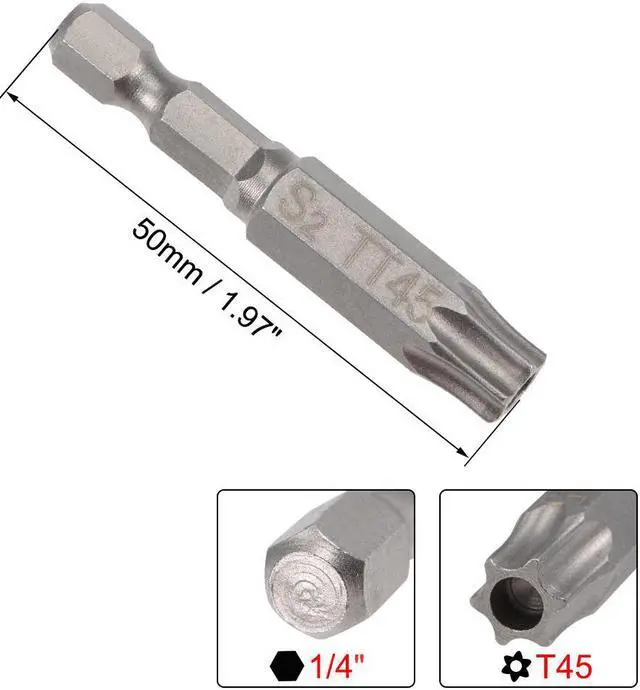 Alt view image 2 of 4 - 2pcs Torx Bits 1/4 Inch Hex Shank 50mm Length Magnetic T45 Security Star Screwdriver Bits S2 Alloy Steel